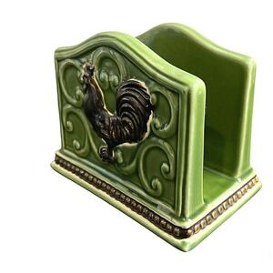 Rooster Embossed Green & Brown Ceramic Napkin Holder Farm House Cracker Barrel